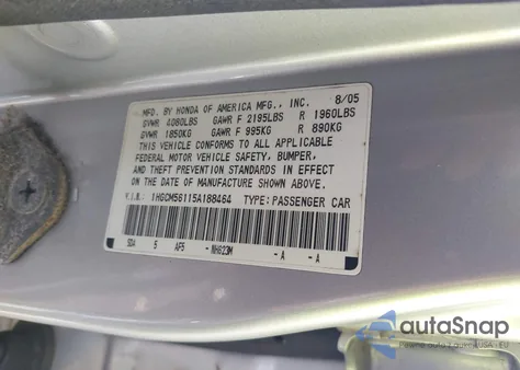 2005 Honda Accord 2.4 Dx из США, поврежденный, VIN 1HGCM56115A188464